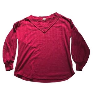 BiB! Waffle Knit V Neck Balloon Sleeve Top Raspberry Red‎ Size S